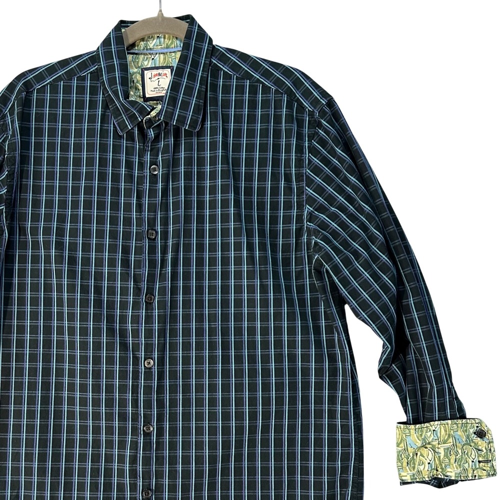 Vintage J. Garcia Button Down Shirt Mens‎ L Black Blue Plaid Artistic Eclectic